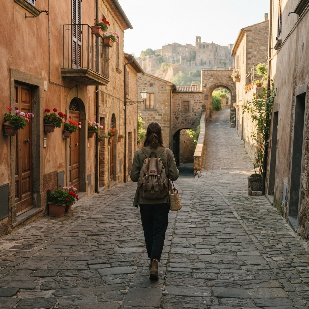 A lone traveller on a quiet cobbled lane in a European hill town at golden hour