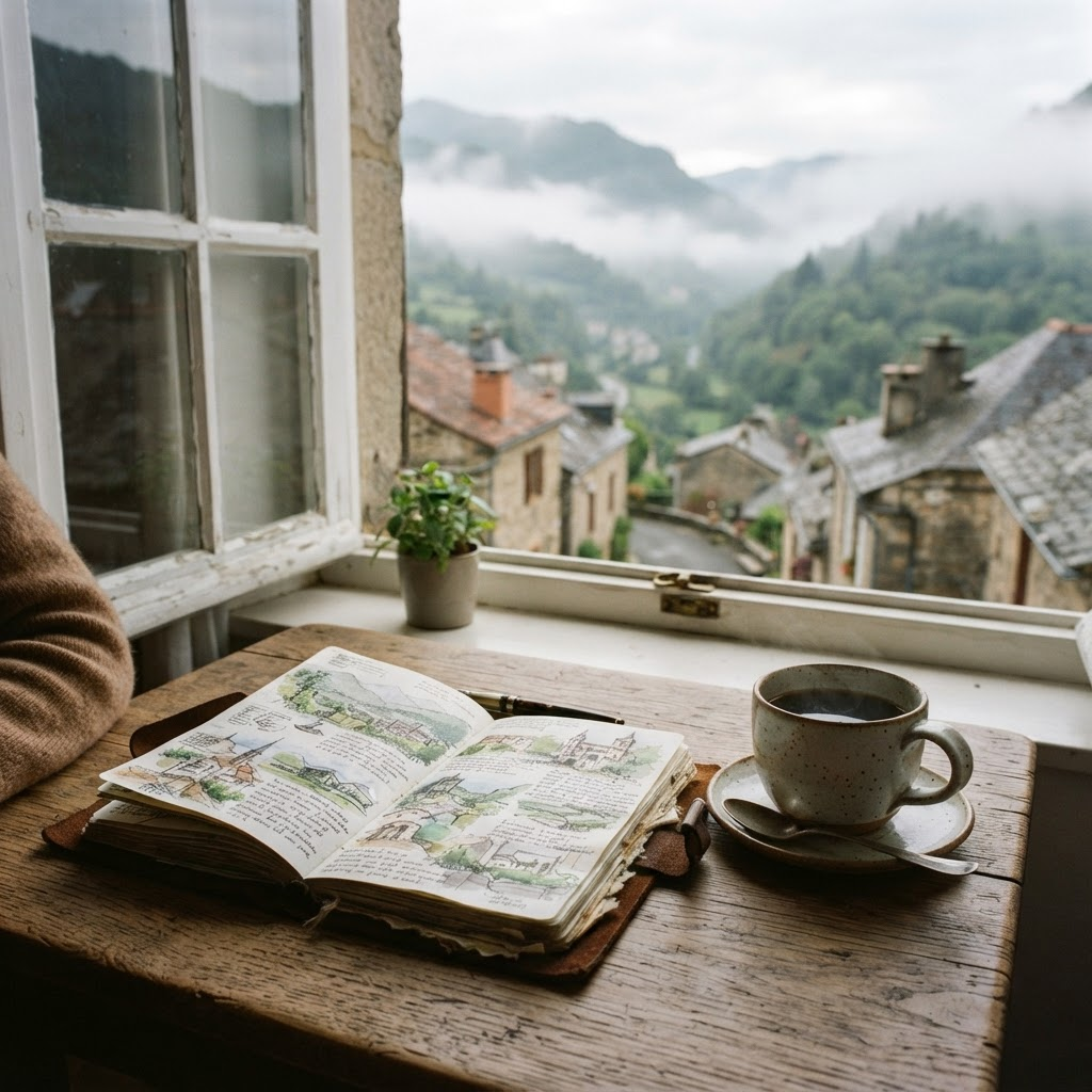 An open journal and coffee beside a window looking onto a misty European valley